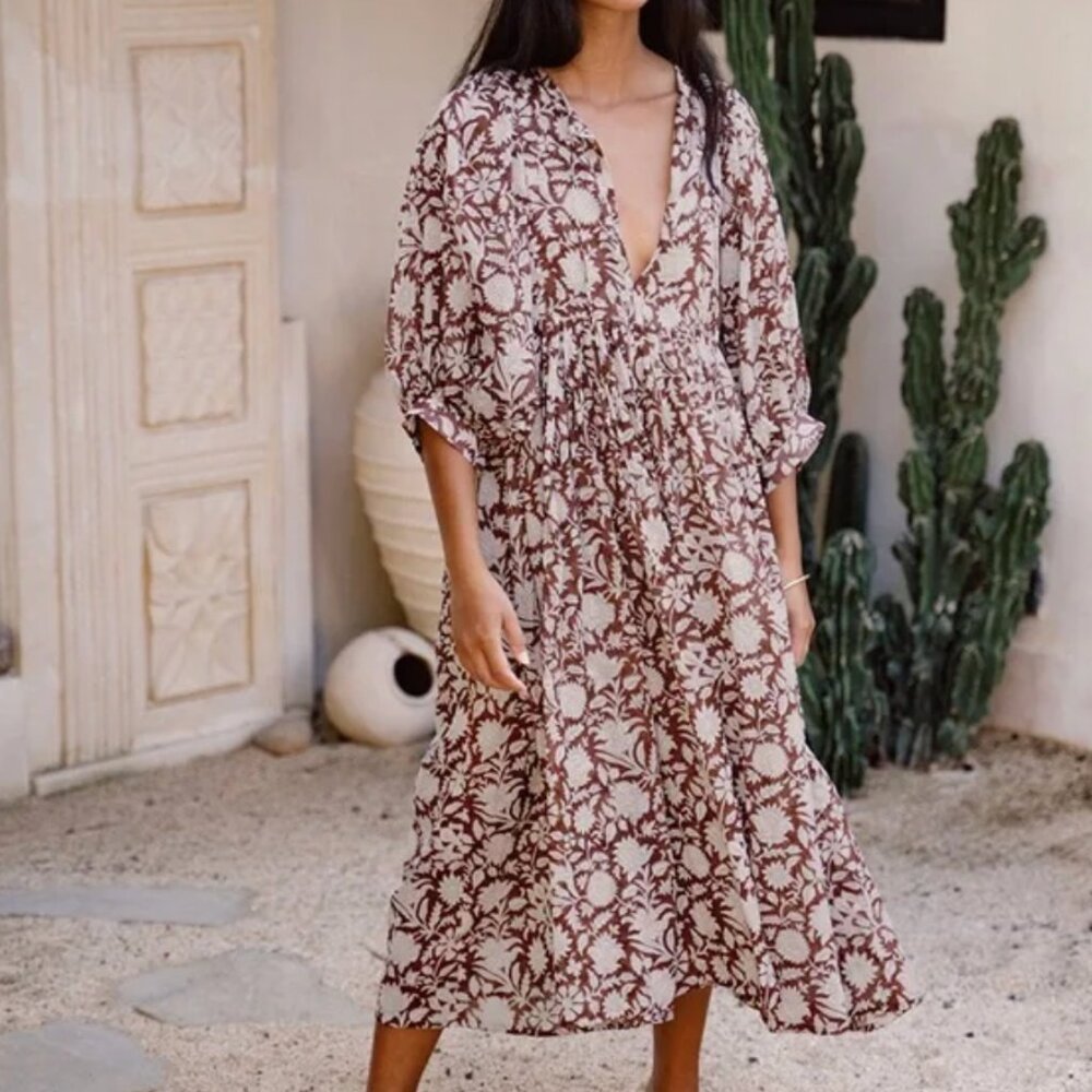 Daughters of India Brown and Cream Midi Dress